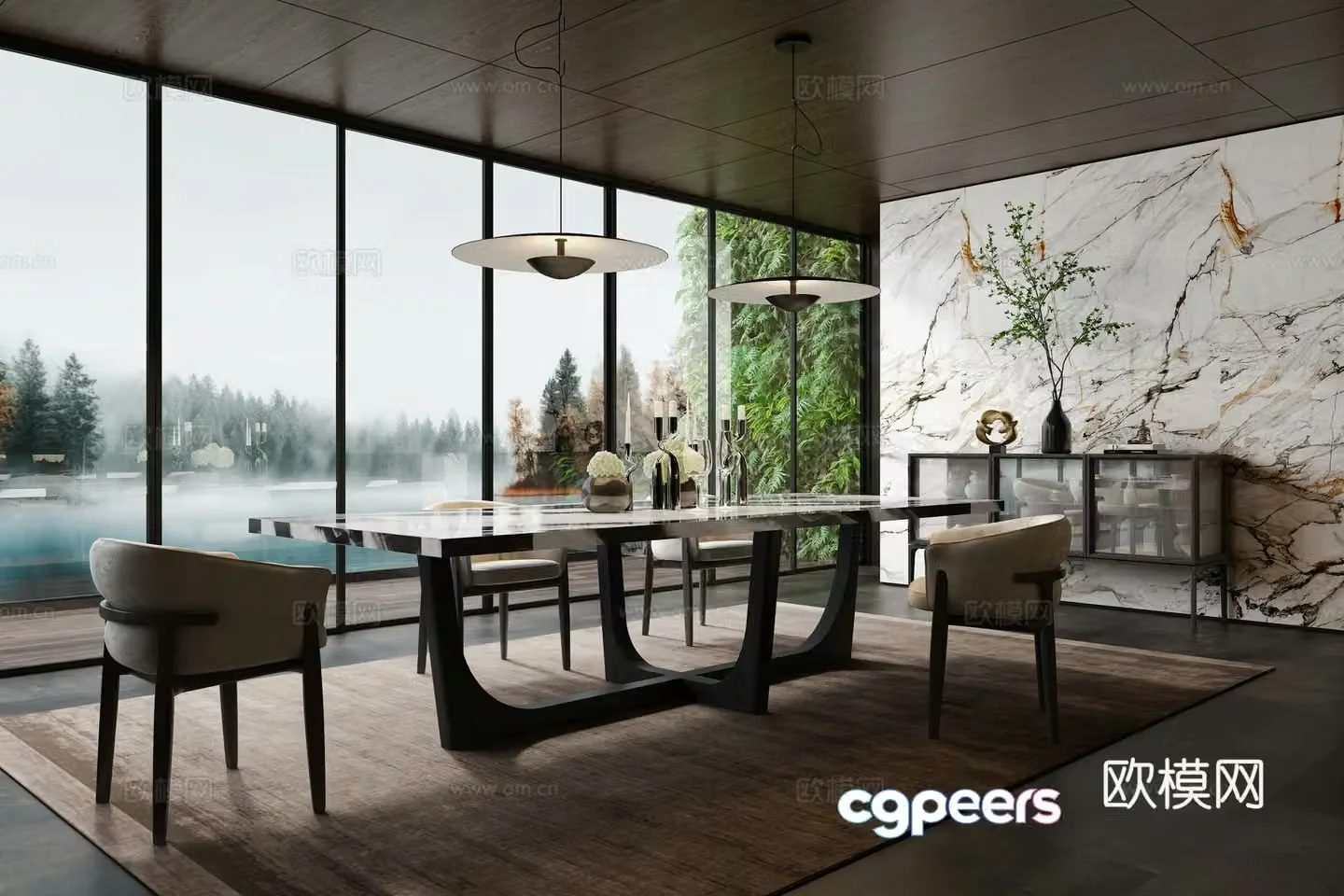 Modern restaurant dining table dining chair sideboard chandelier green plant wall 3d model
