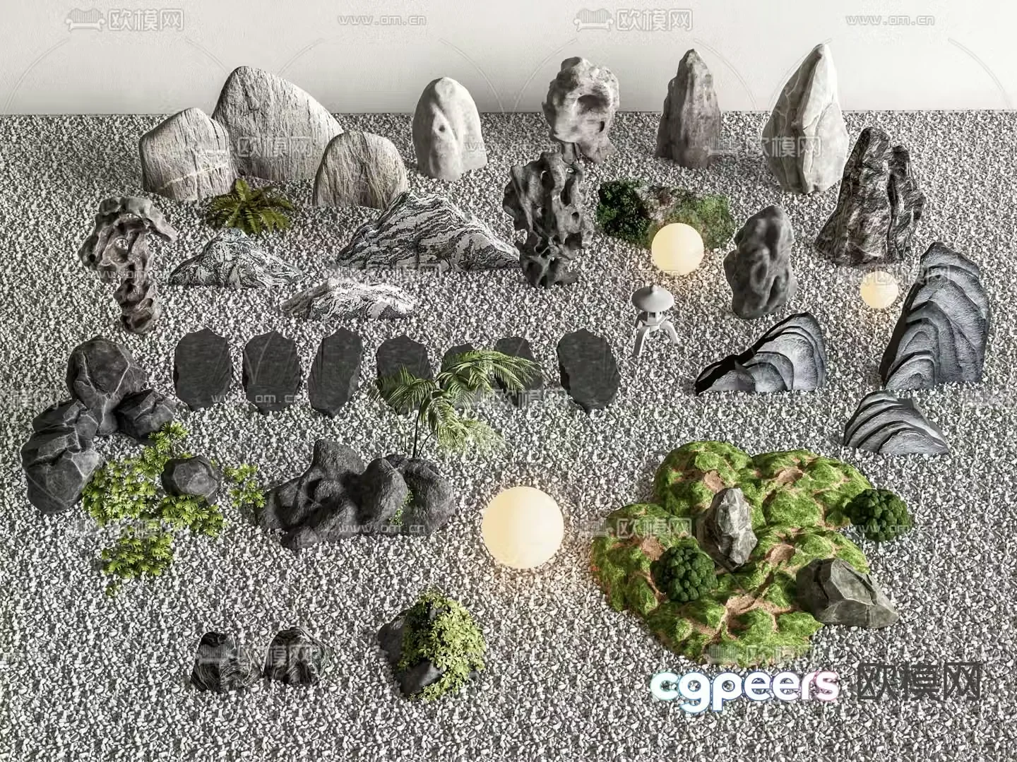 Landscape stones pebbles moss stones 3d model