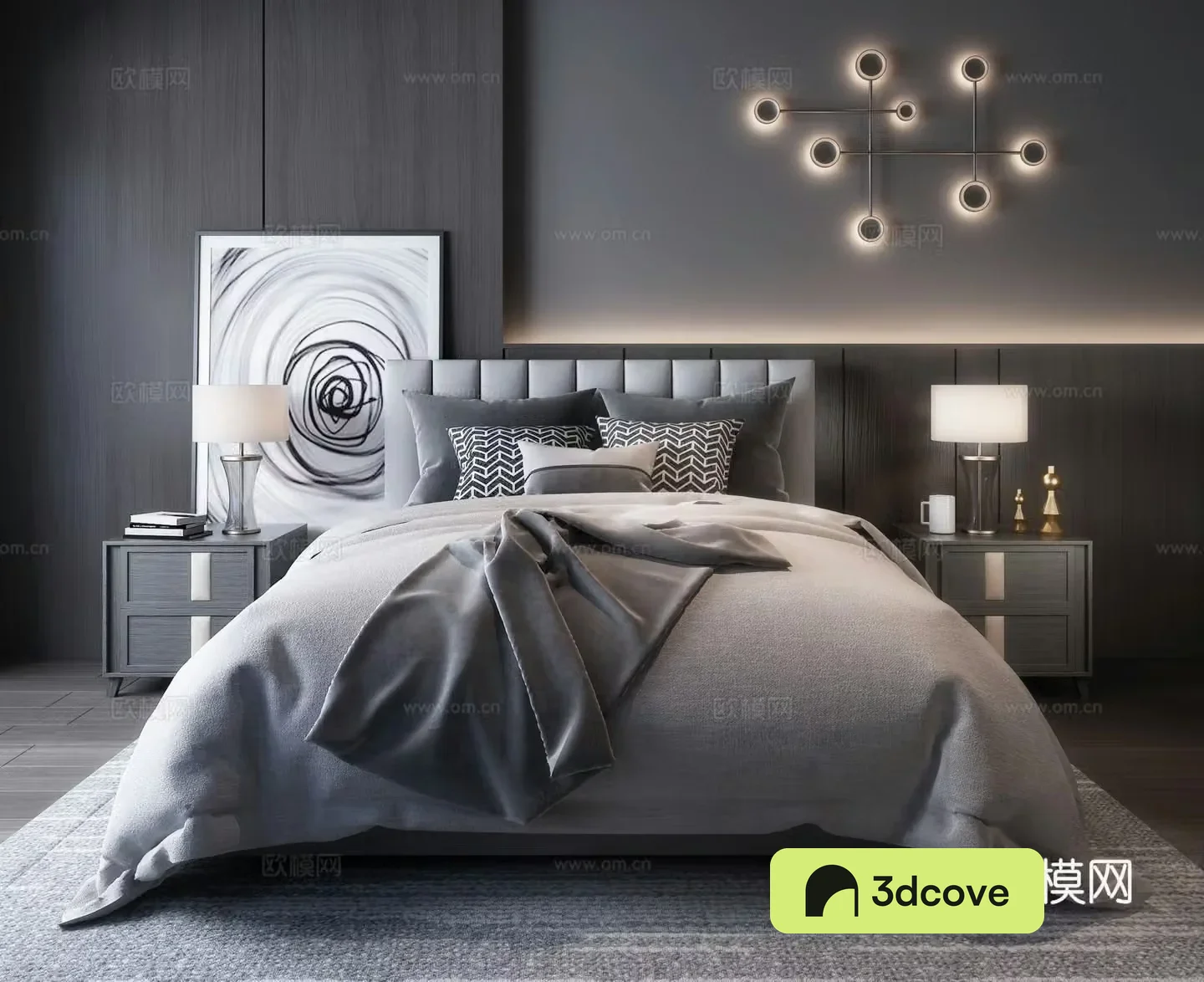 Modern bed nightstand hanging painting pillow