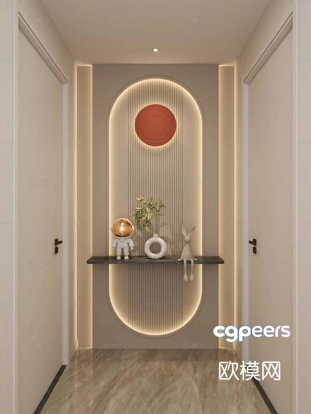 Cream Simple Style Curved Shape Hermes Orange Grid Board Corridor End View Entrance Entrance 3D Model
