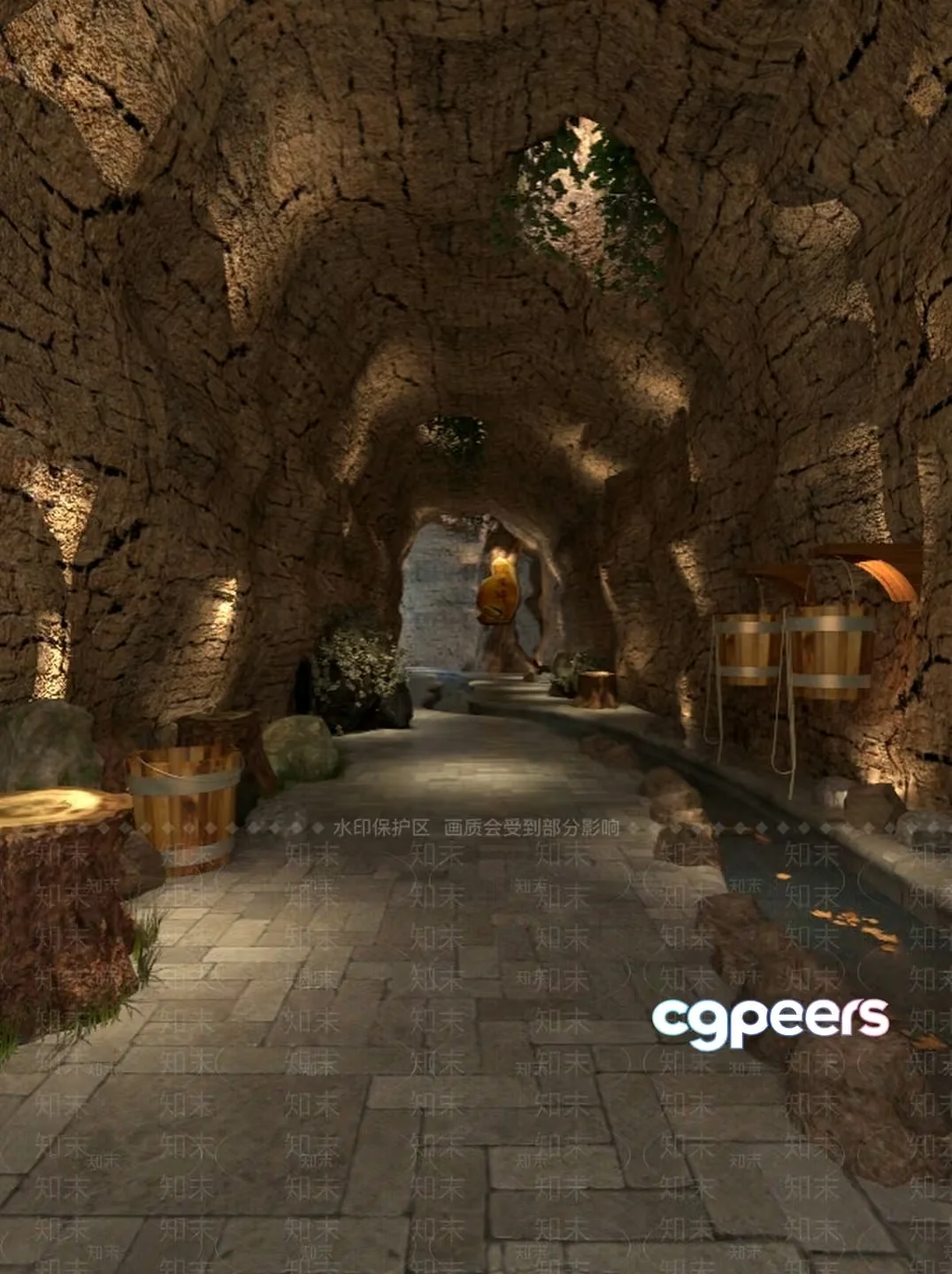 A Stone Hallway With A Barrel 3D Model – 11207 – VRAY Render