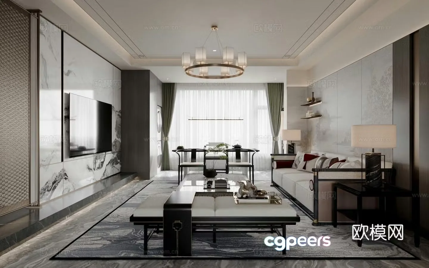New Chinese style living room sofa coffee table carpet chandelier 3d model