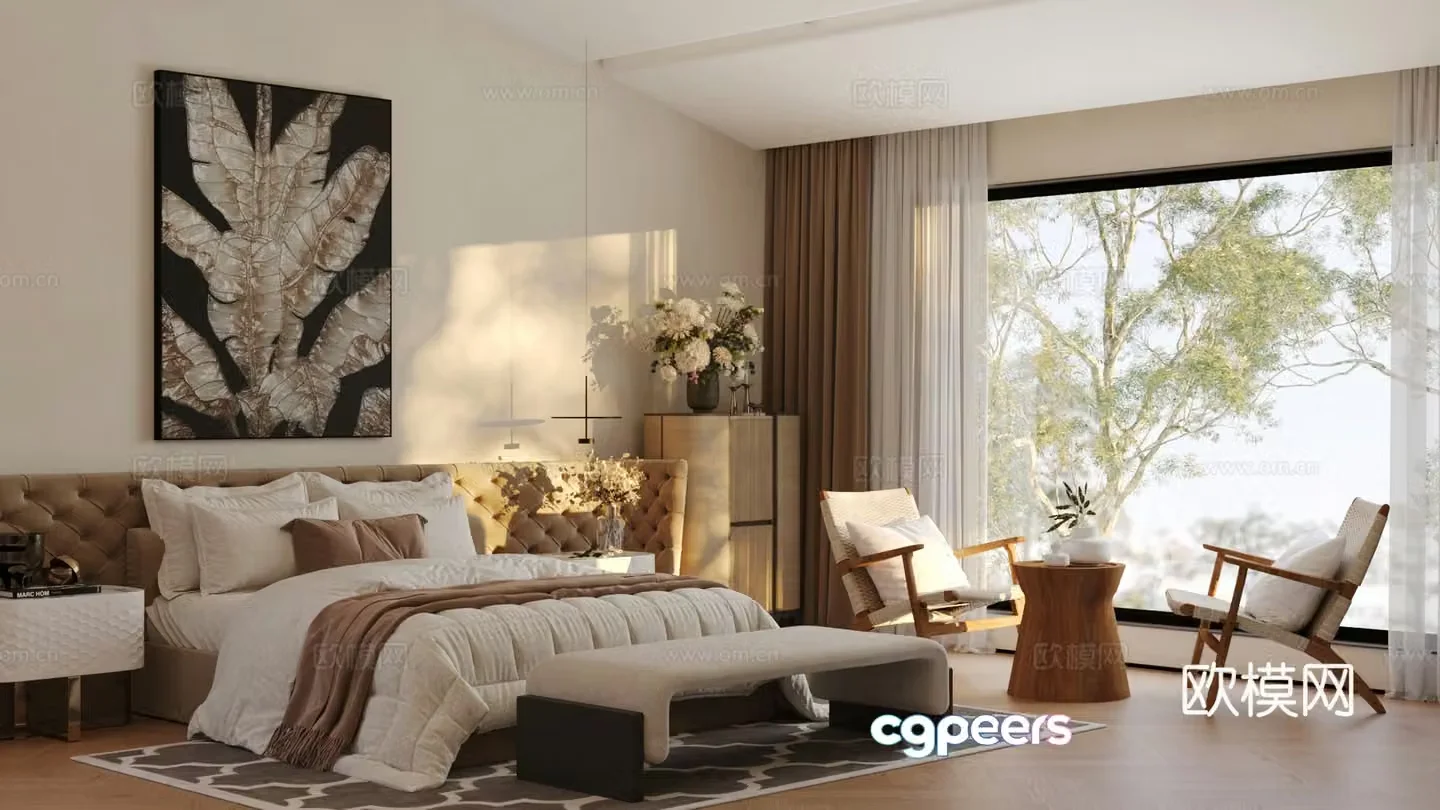Modern Italian home bedroom Italian light luxury home bedroom Italian backrest double bed without owner light 3D model