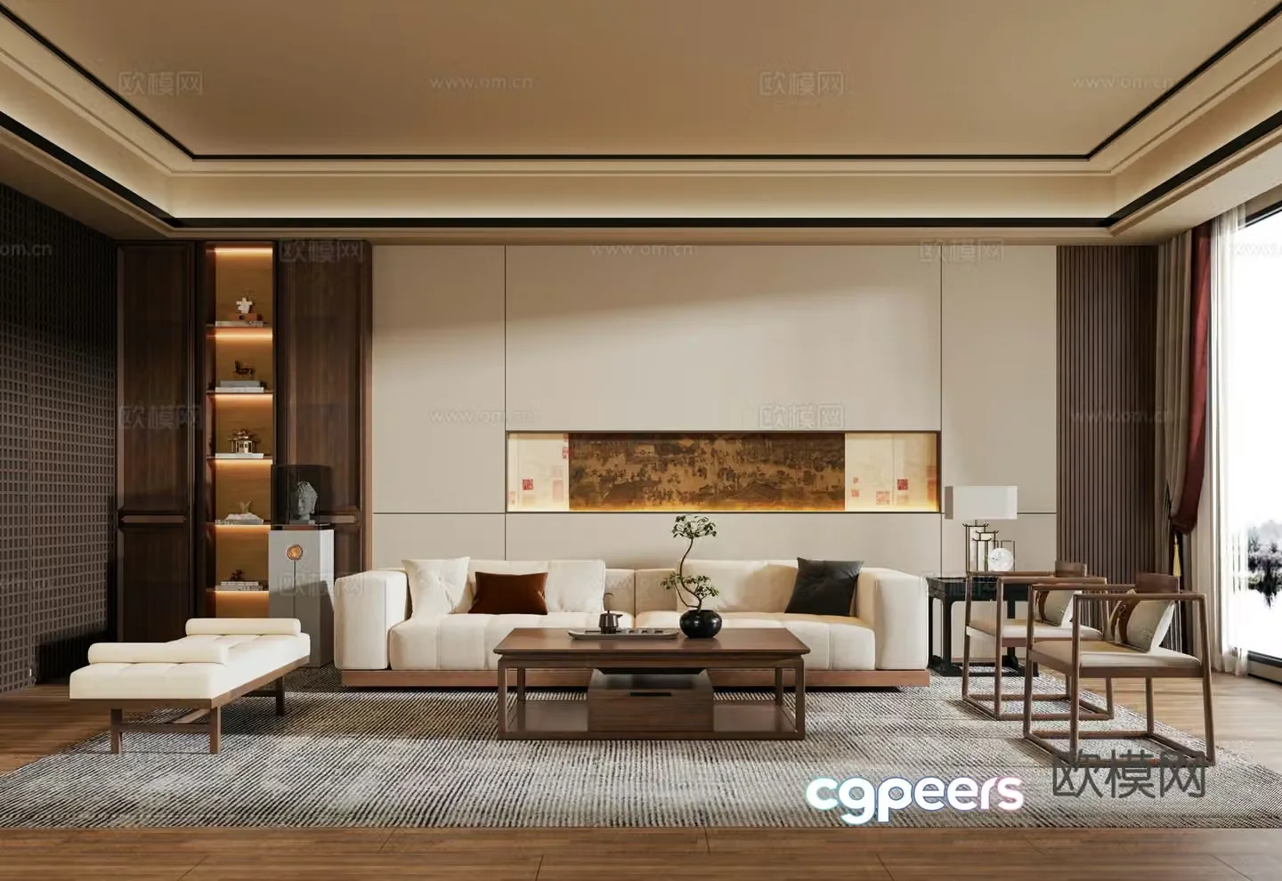 New Chinese style living room sofa and coffee table combination new Chinese style background wall sculpture screen 3d model