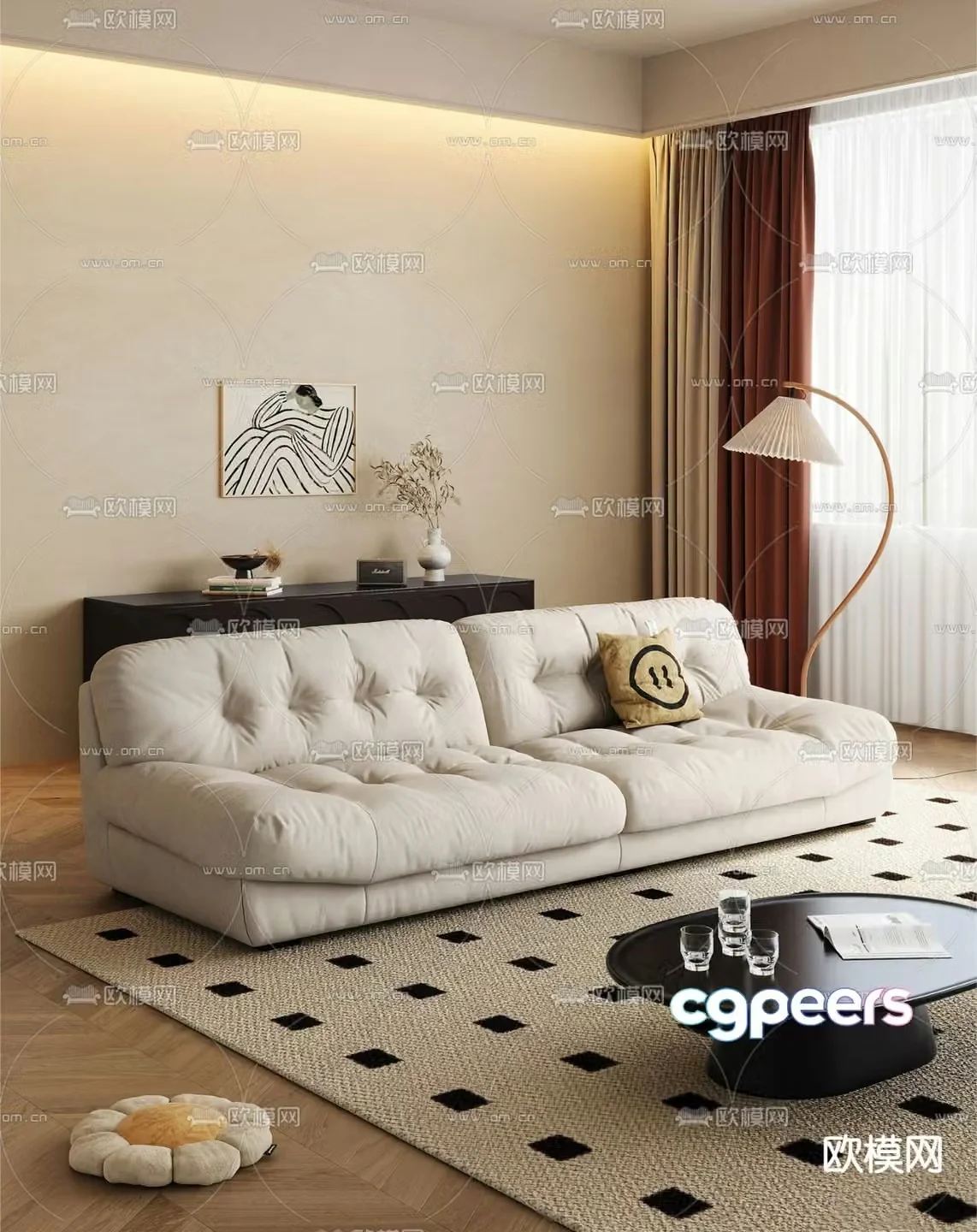 Cream style multi-person sofa 3d model