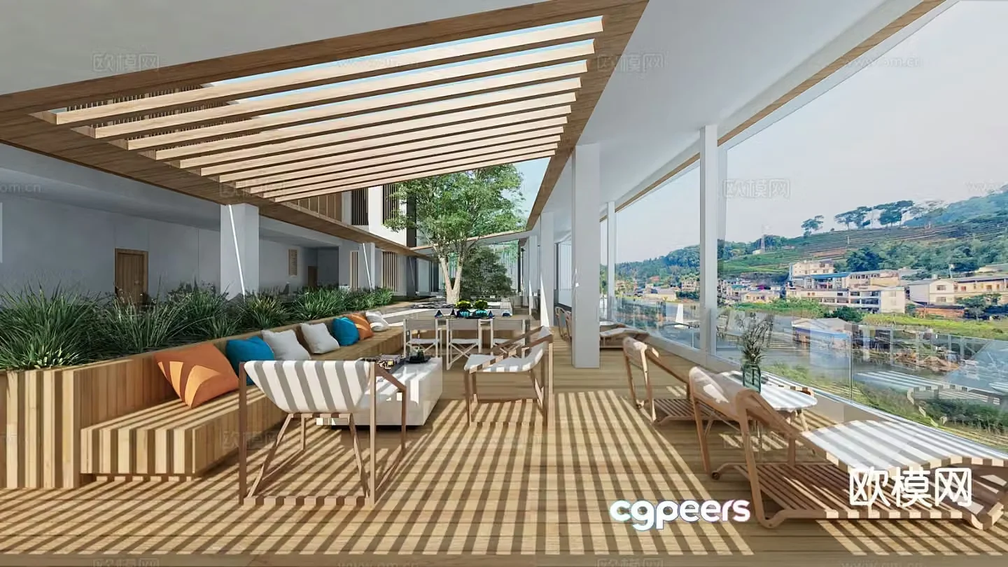 Chinese style B&B terrace hotel sun terrace 3D model