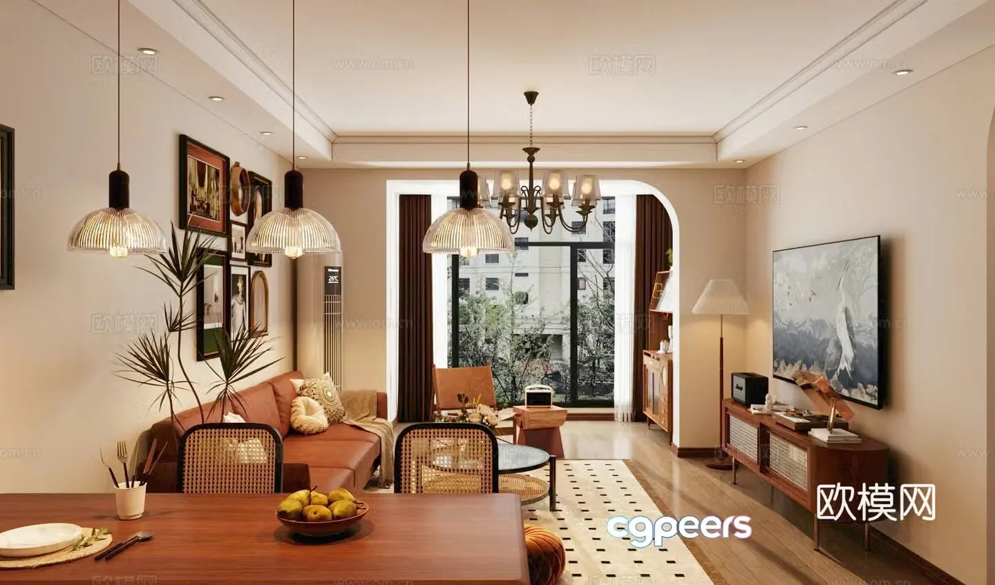 Middle style living room horizontal living room small living room sofa and coffee table combination retro style living room 3D model