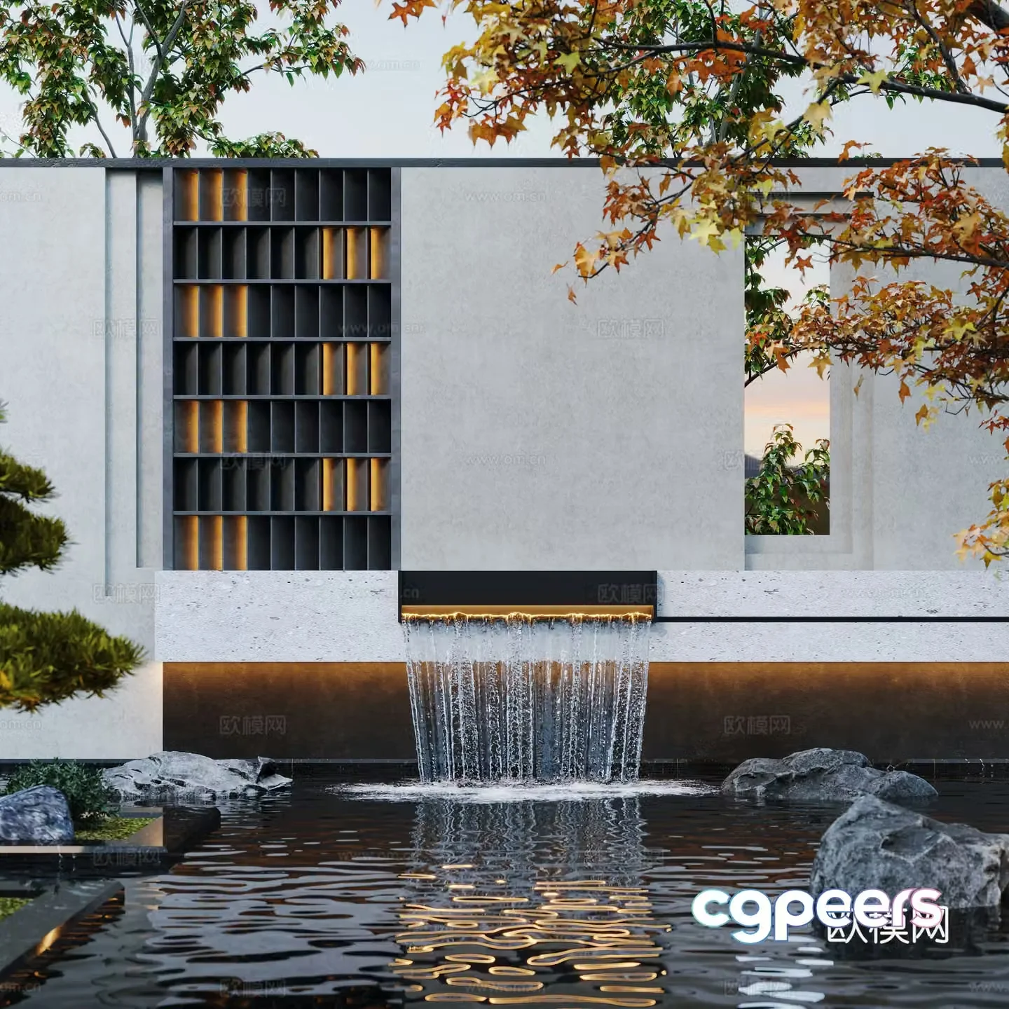 Modern water landscape courtyard waterscape stacked water fish pond landscape wall 3d model