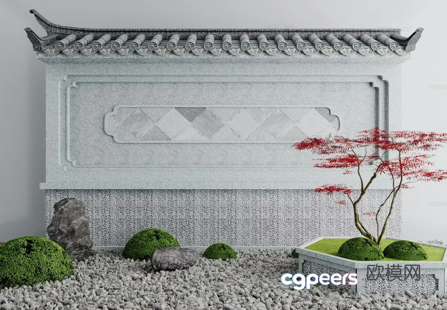 New Chinese style courtyard landscape sketch pine tree eaves wall stone moss pebbles 3D model
