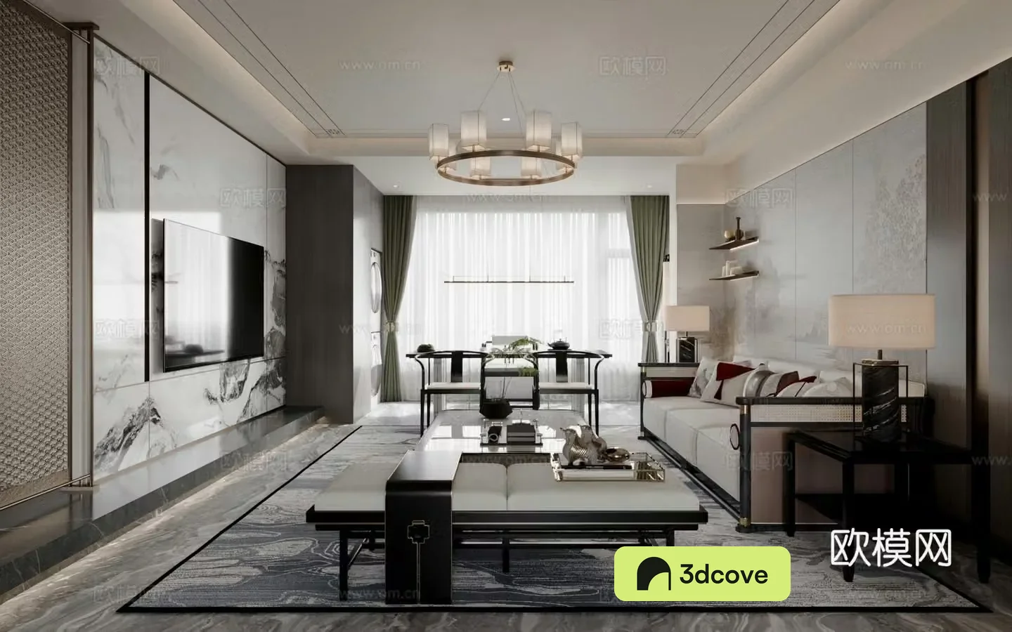 New Chinese style living room sofa coffee table carpet chandelier