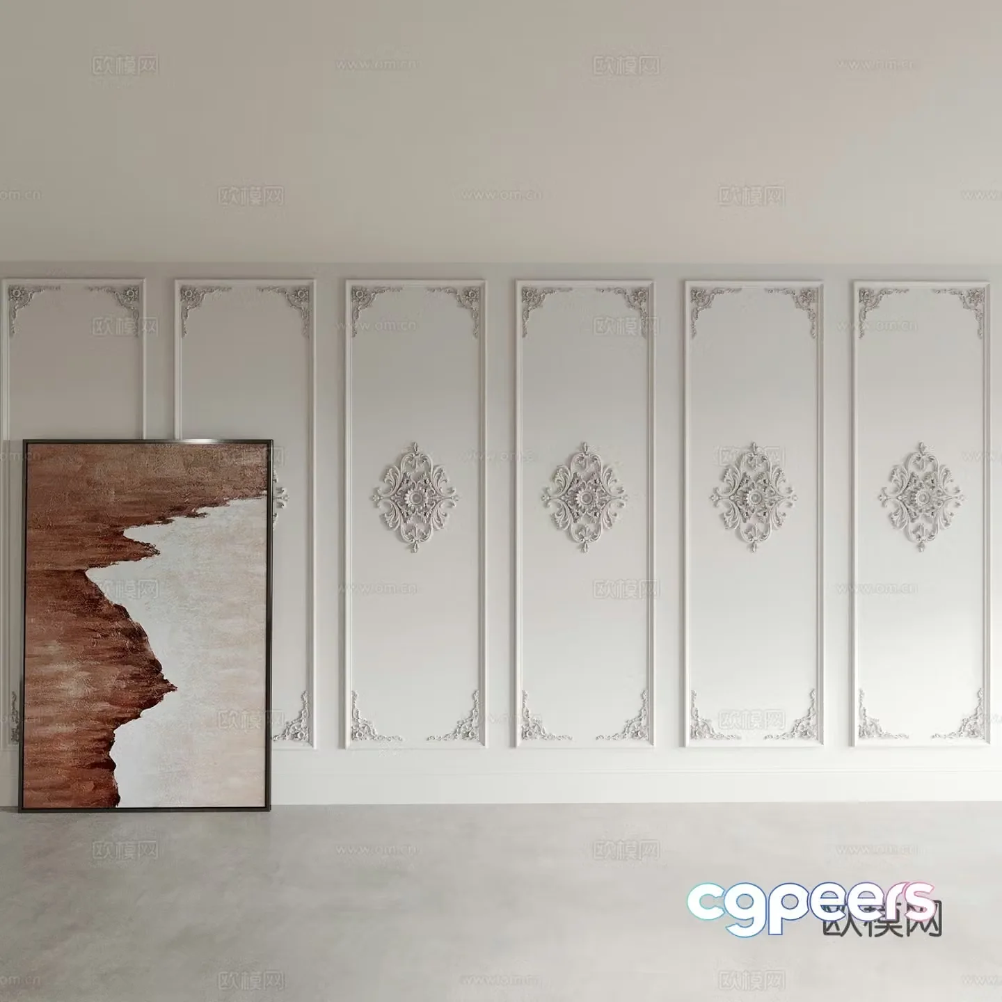 French wainscoting carved plaster lines moldings 3D model