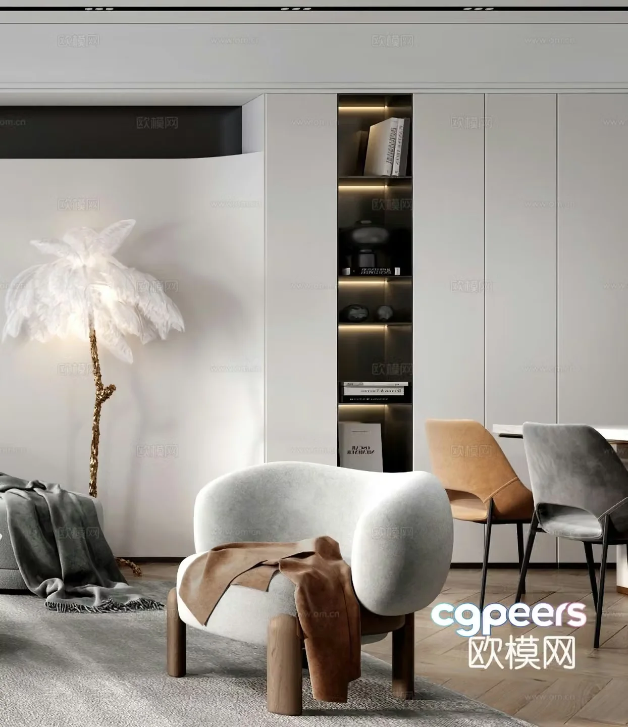 Creamy style leisure chair modern leisure chair floor lamp side table corner dining table simple 3D model