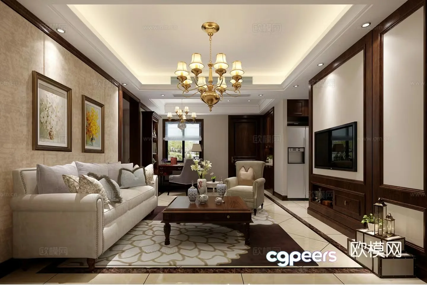 Simple American living and dining room sofa coffee table carpet chandelier ornament TV cabinet electric 3D model