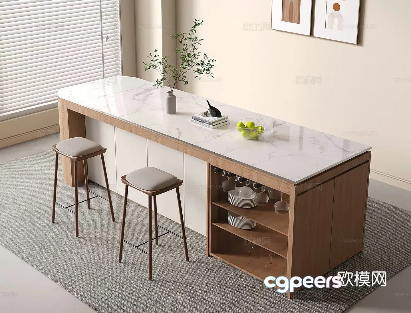 Modern middle island platform marble bar 3d model