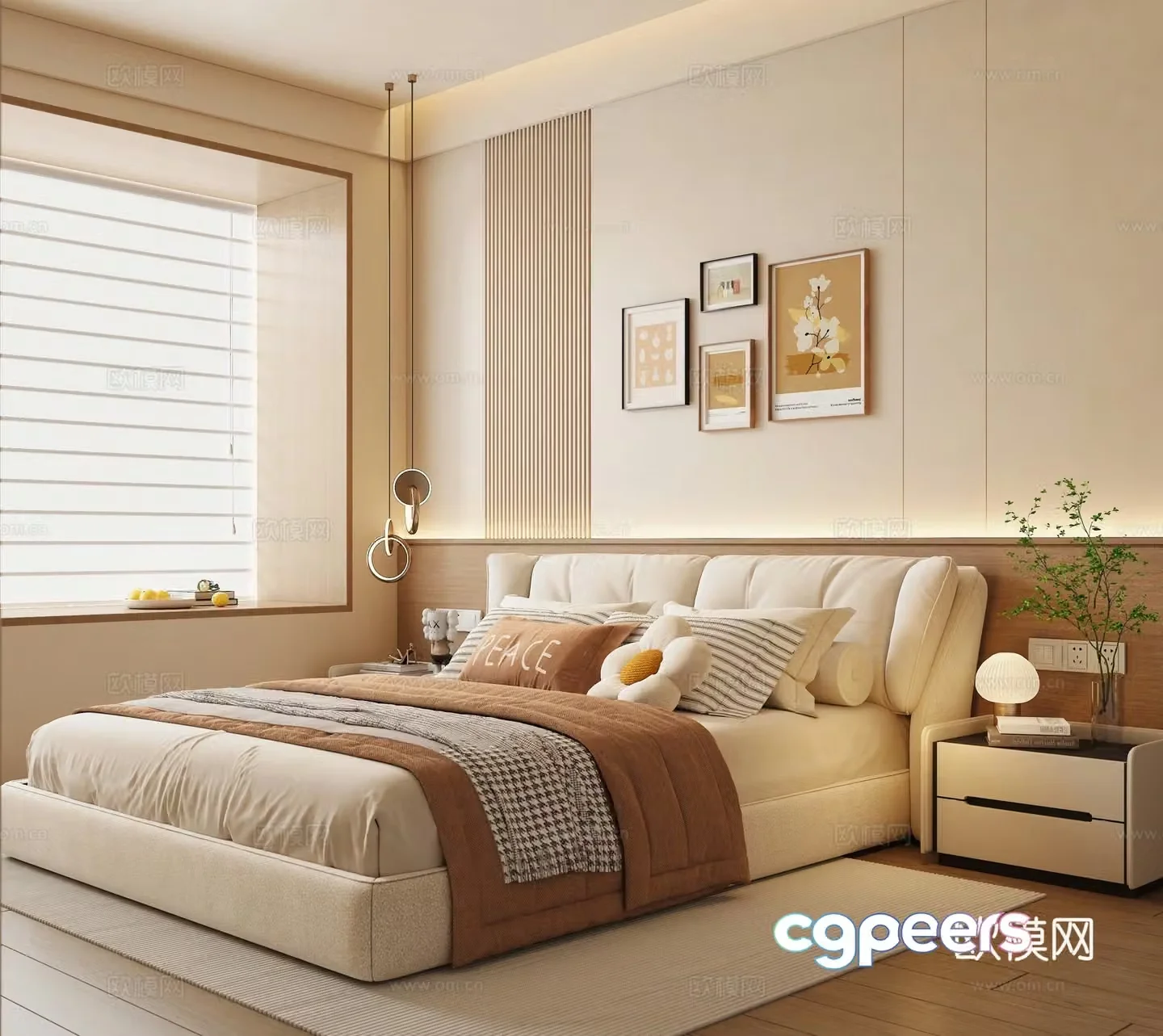 Cream style double bed 3d model
