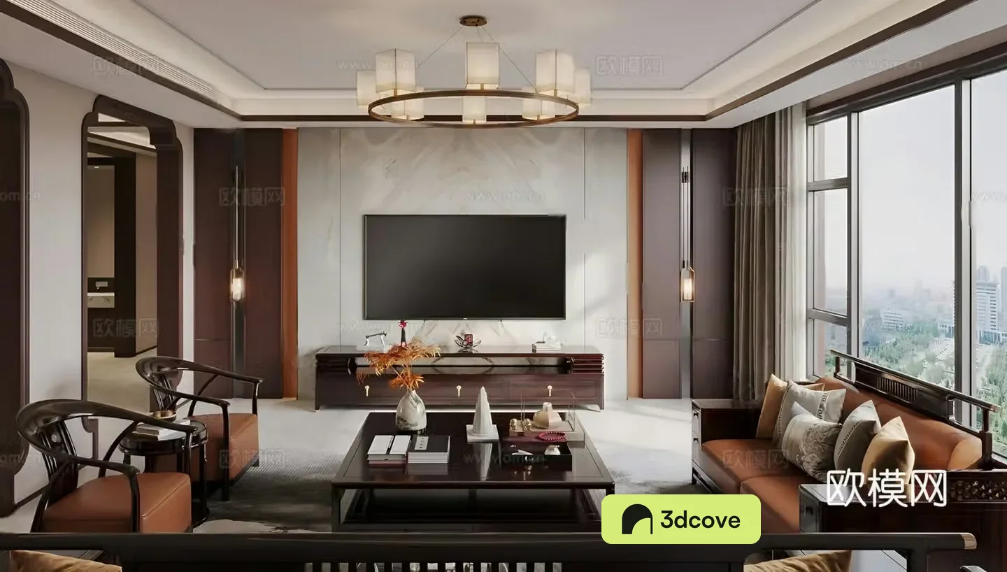 New Chinese style retro home living room sofa coffee table TV background sofa background chandelier