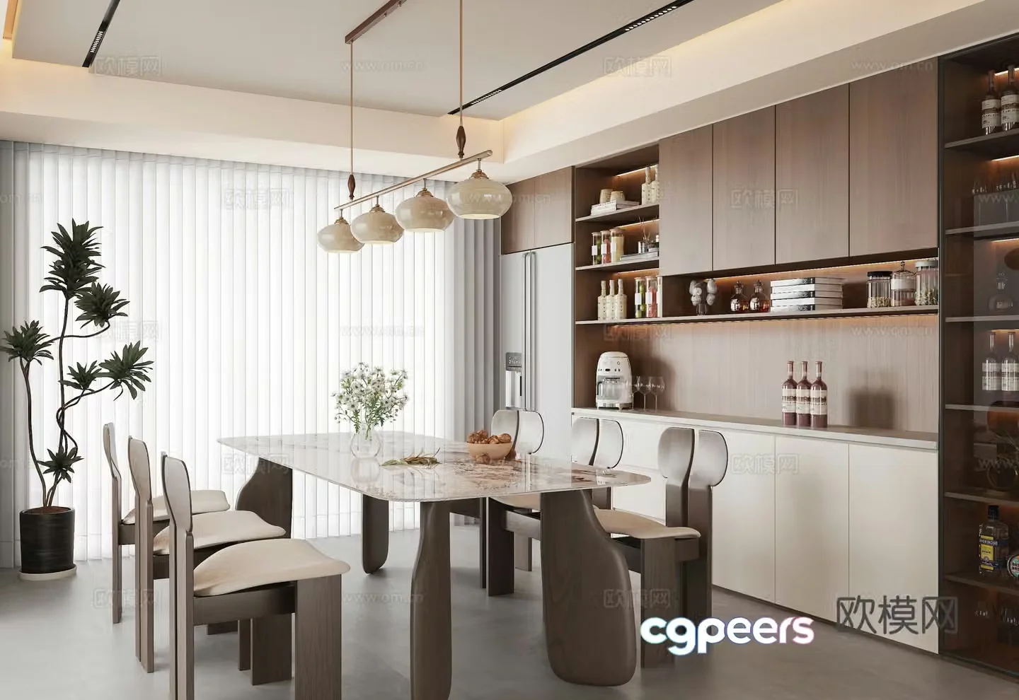 Middle style restaurant dining table and chair combination sideboard chandeliers 3D model