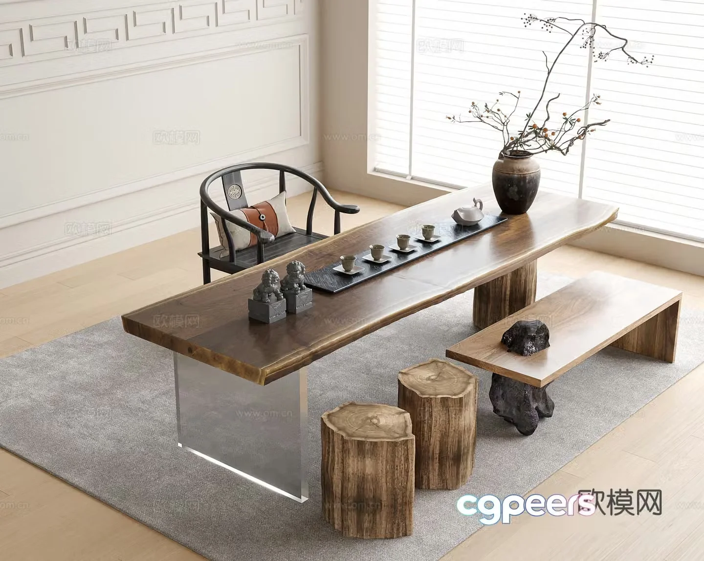 New Chinese tea table and chairs 3d model