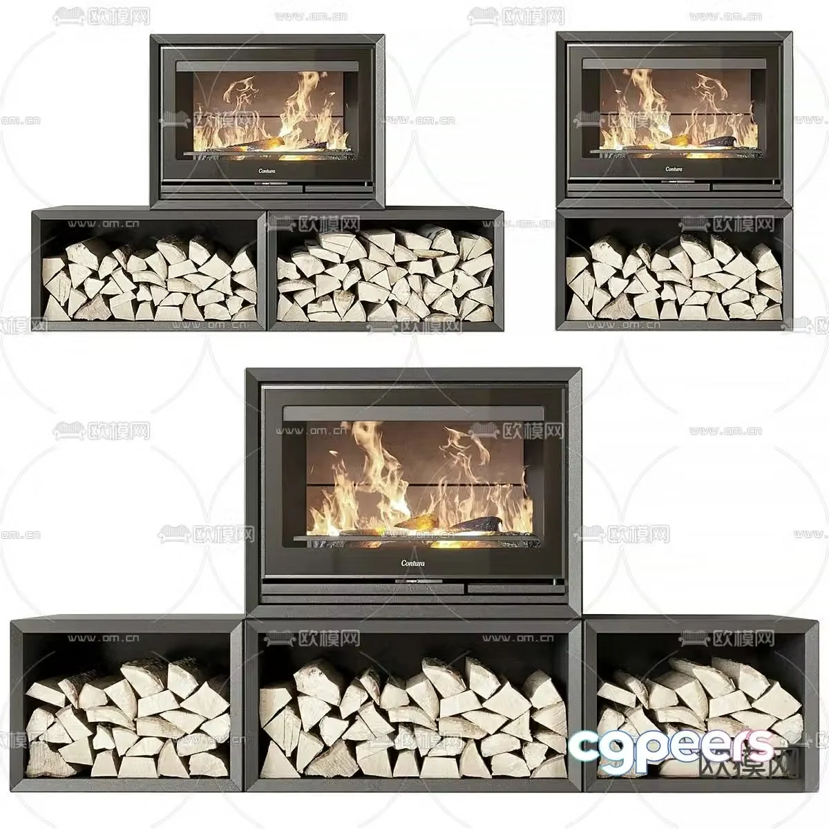 Contura fireplace stove flame firewood pile 3d model