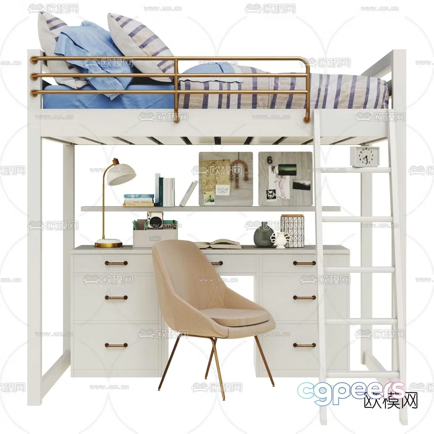 Modern children’s double bed desk chair 3d model
