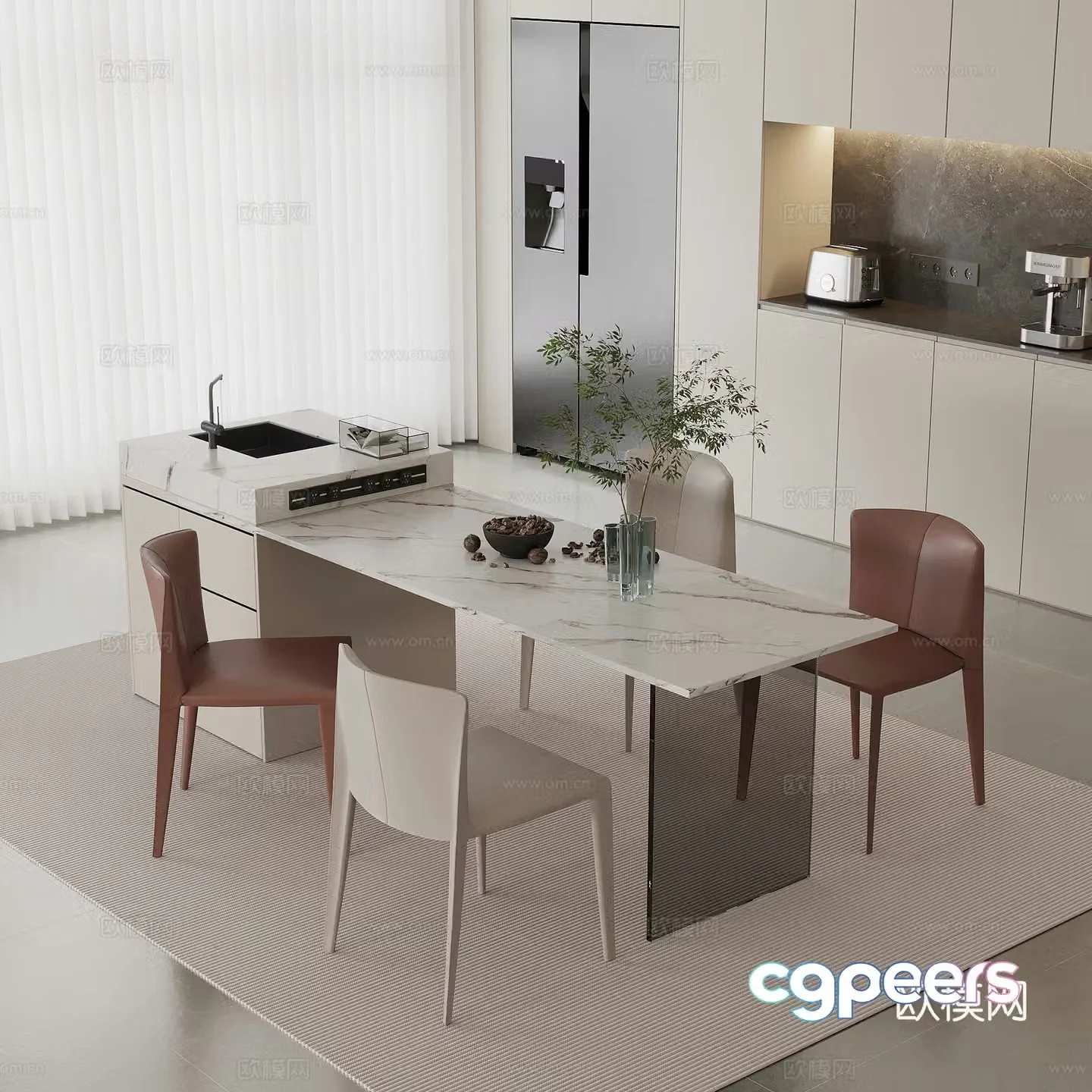 Modern island dining table and chair 3d model