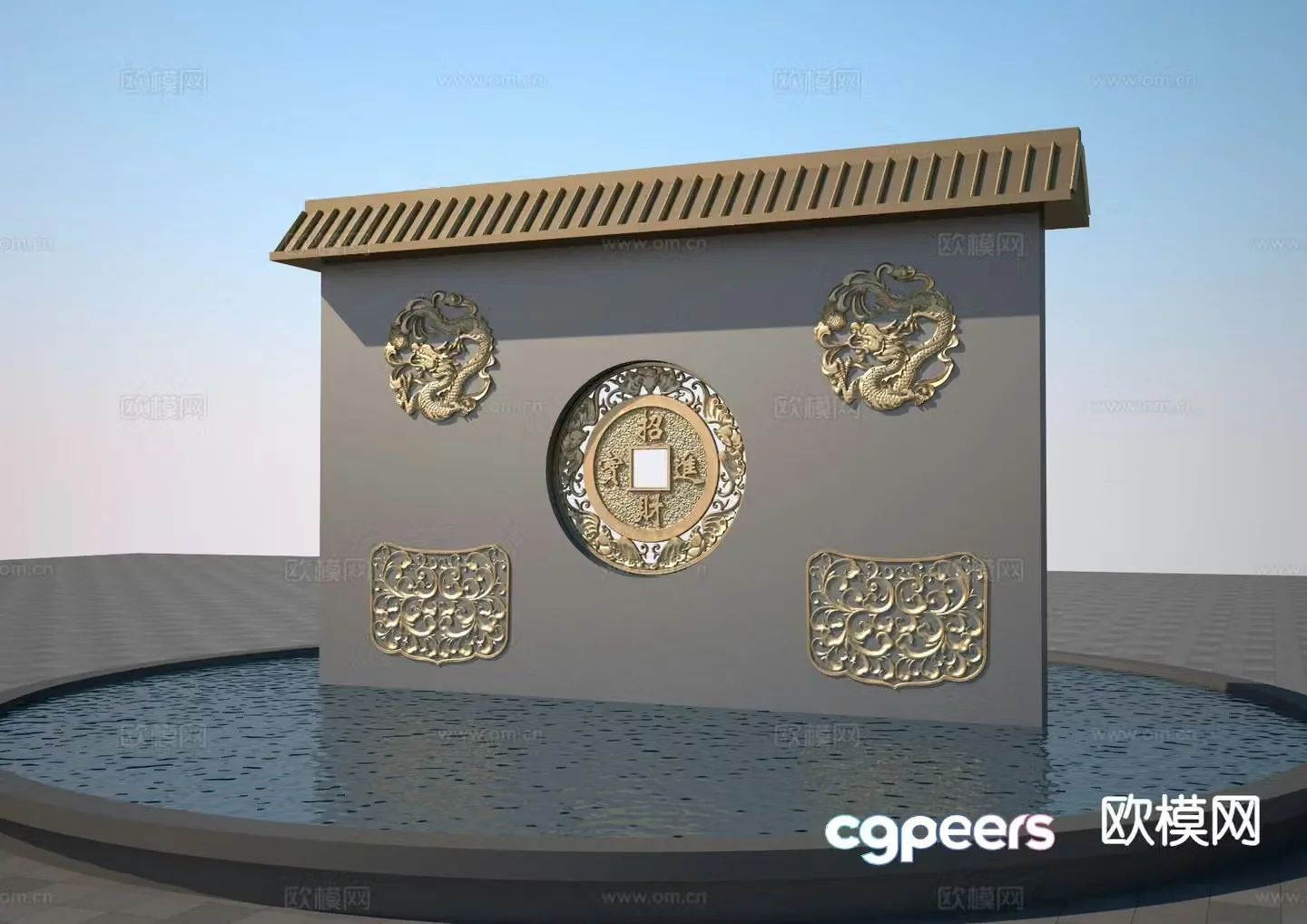 New Chinese style window grille relief landscape wall 3D model