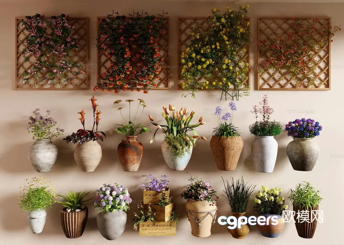 Clay pots flower pots plant wall flower wall potted 3D model