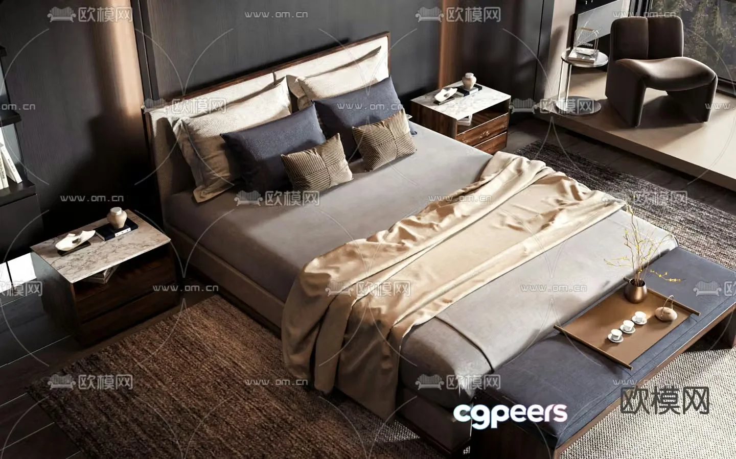 New Chinese style double bed 3d model