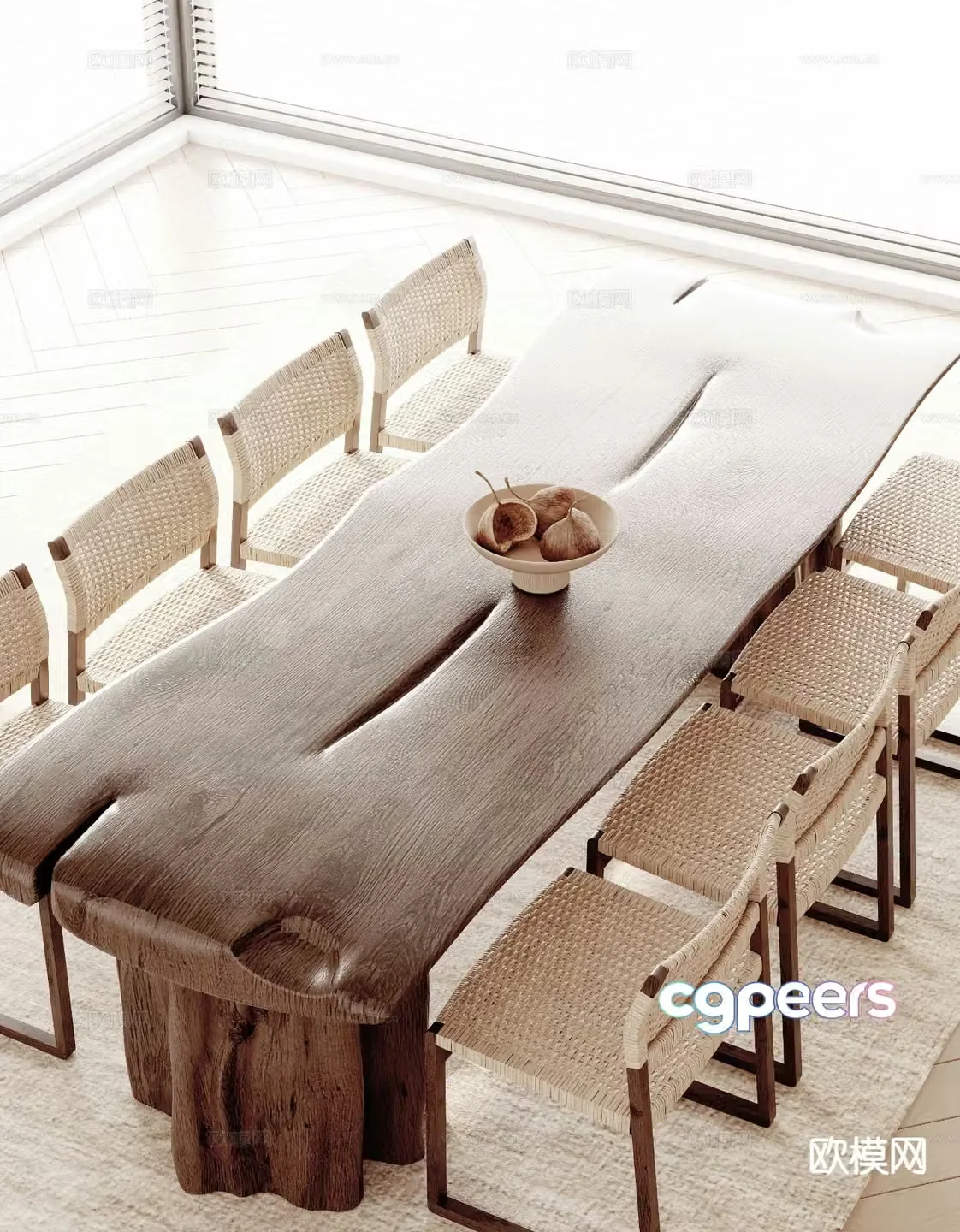 Wabi-sabi style dining table and chairs wooden table 3d model