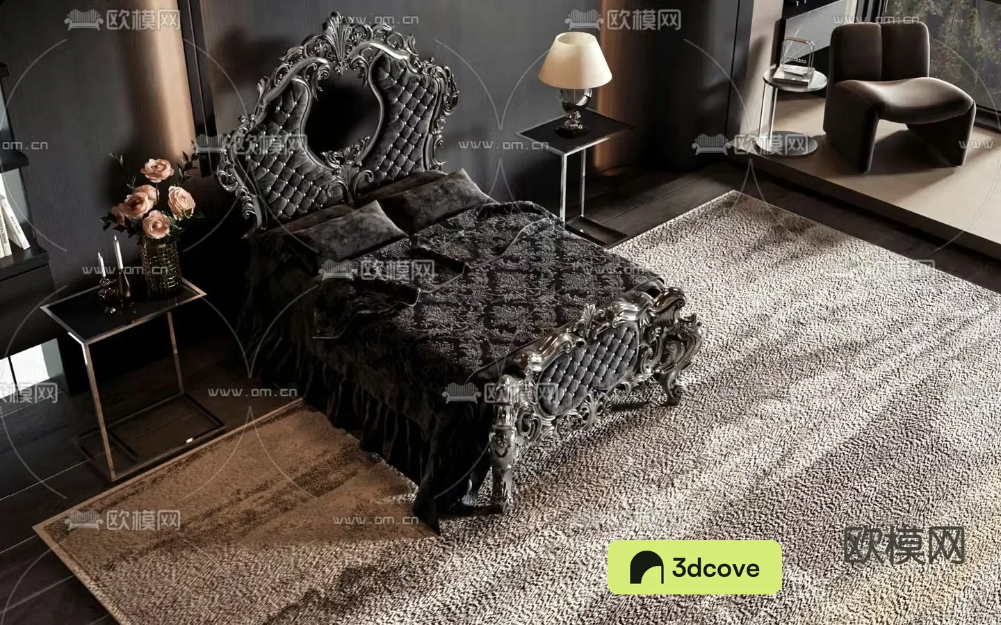 European double bed dark bed