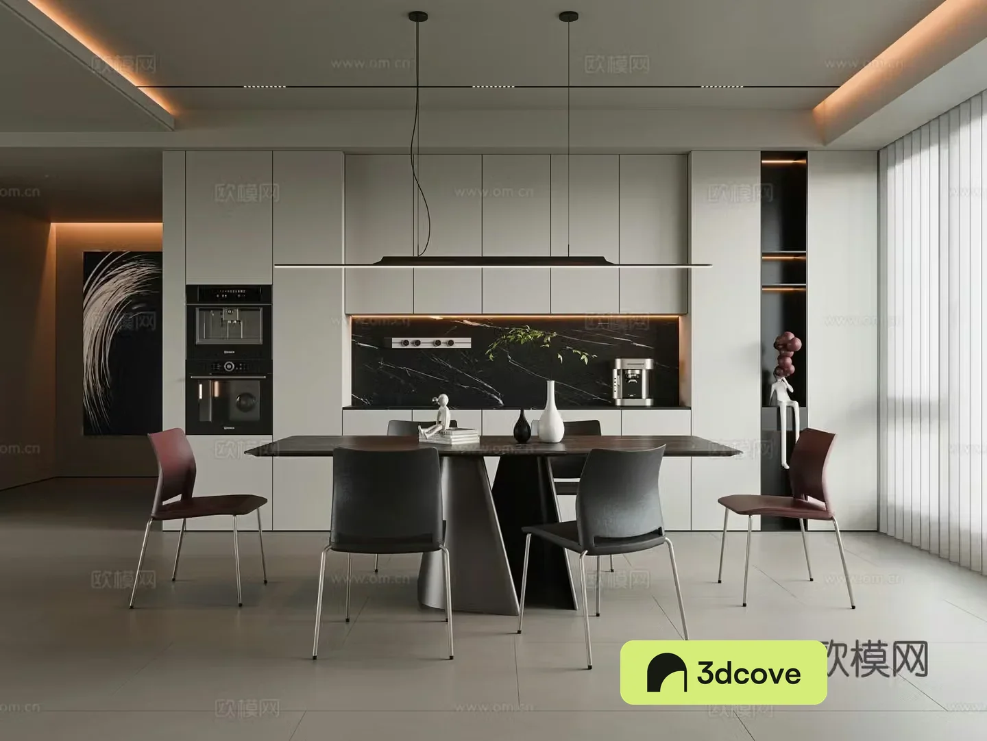 Italian minimalist restaurant Long dining table Rock slab dining table Single chair Metal dining chair Sideboard Wine
