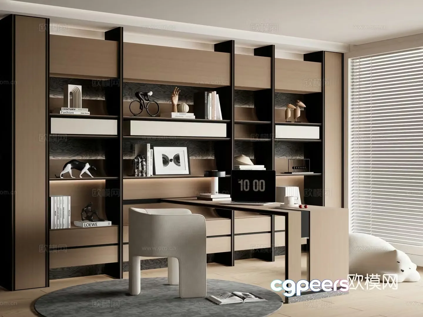 Modern desk wall-to-wall bookcase 3D model
