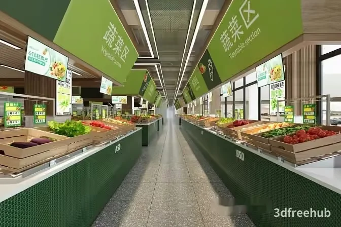 A Grocery Store With A Green Theme 3D Model – 23606 – VRAY Render