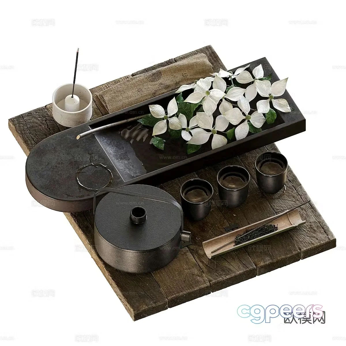 Wasabi style tea set ornaments Decorative ornaments Floral ornaments Tea cup Teapot 3D model