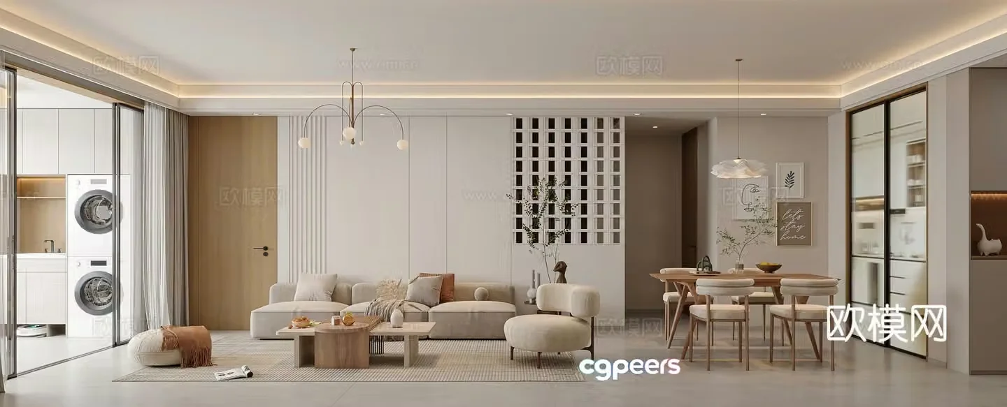 Wasabi Living Dining Room Modern Living Room Simple Cream Style Dining Table Combination Sofa Leisure Chair 3D Model