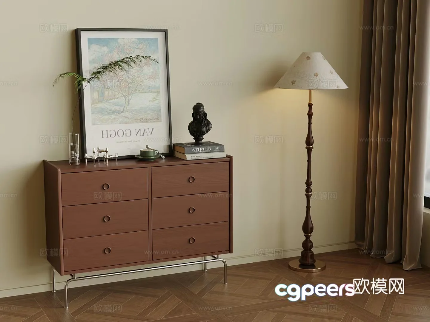Middle-aged style porch cabinet low cabinet 3D model