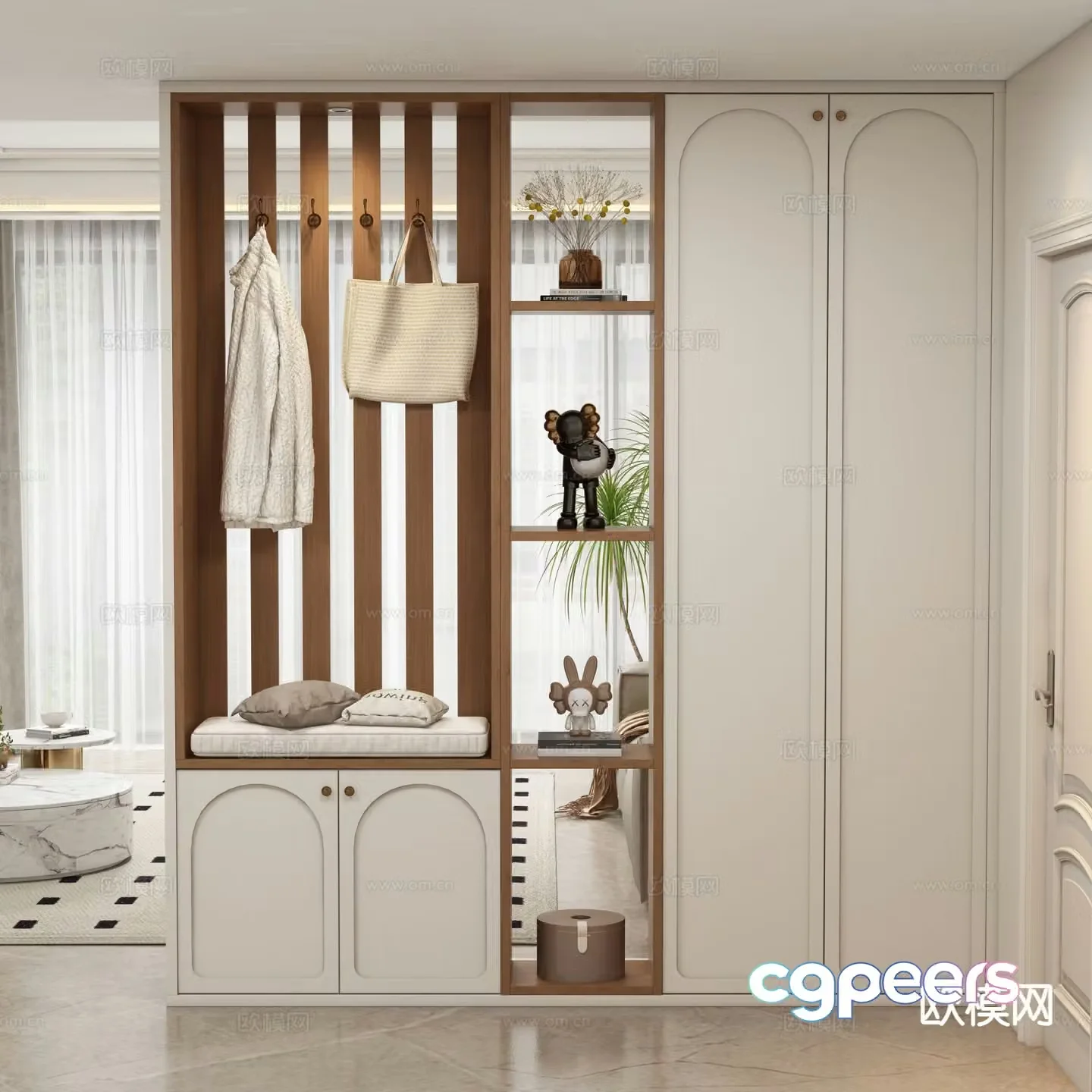 Cream style entrance cabinet shoe cabinet 3d model