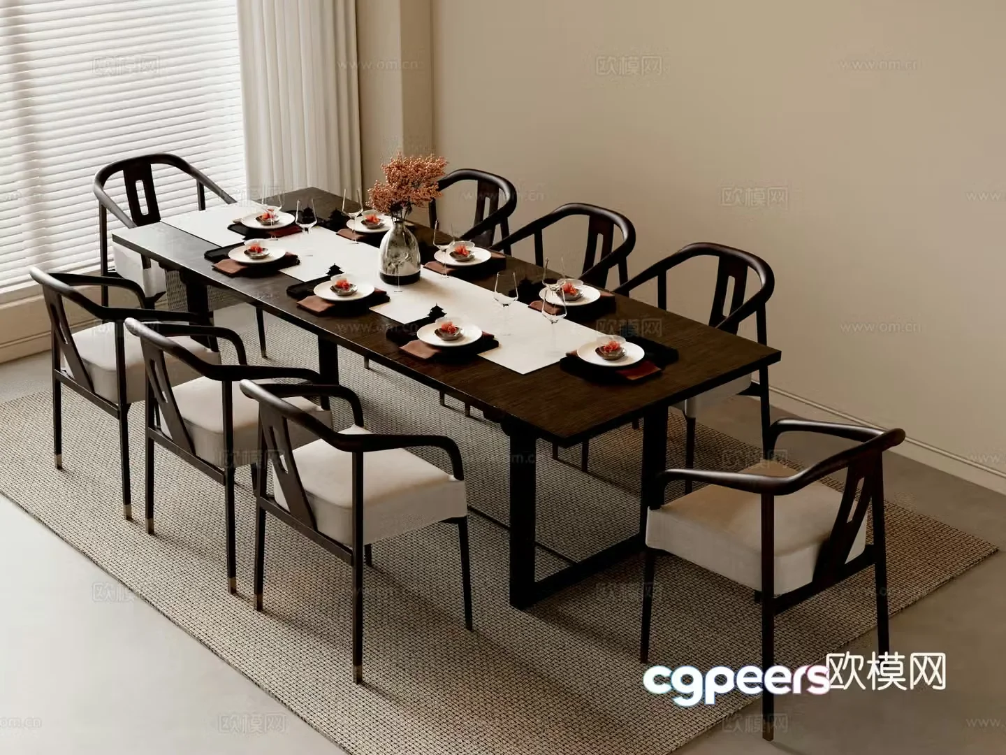 New Chinese dining table and chairs 3d model