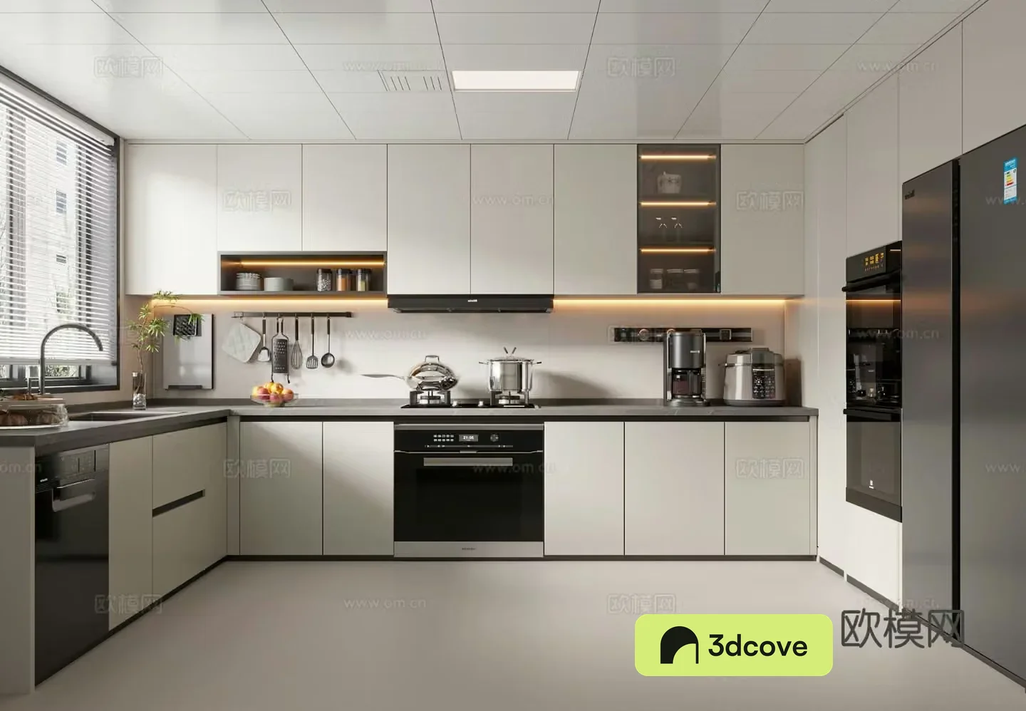Creamy kitchen cabinet kitchen utensils stove refrigerator kitchen appliances