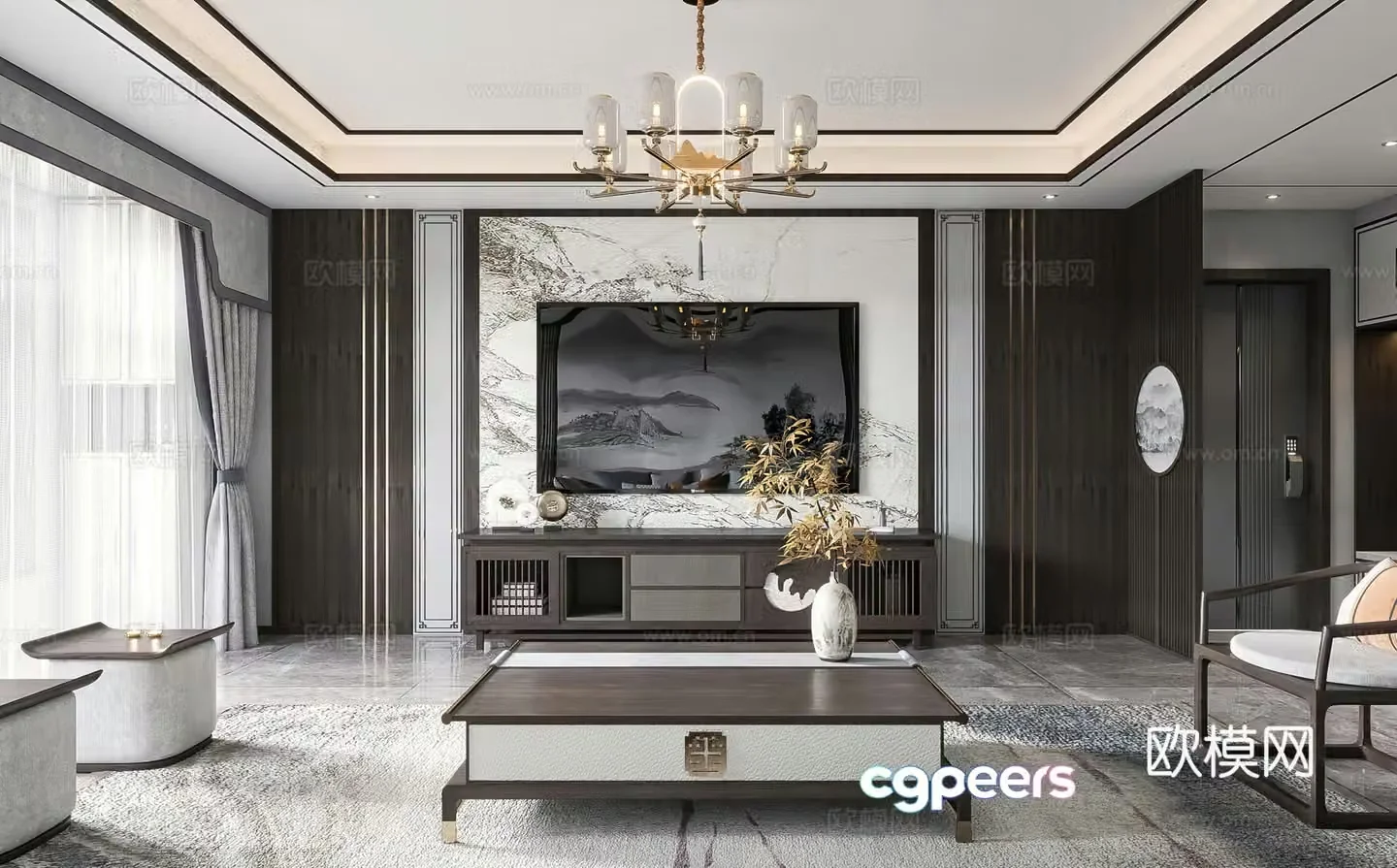 New Chinese style living room TV background wall TV cabinet chandelier New Chinese style living room leisure chair 3d model