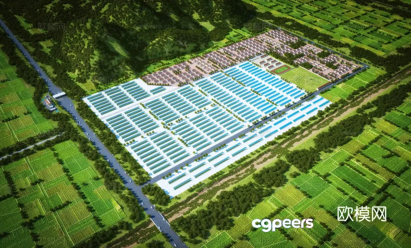 Aerial view of industrial park factory building 3D model
