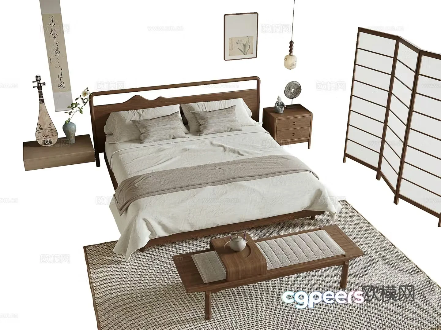 New Chinese style double bed 3D model