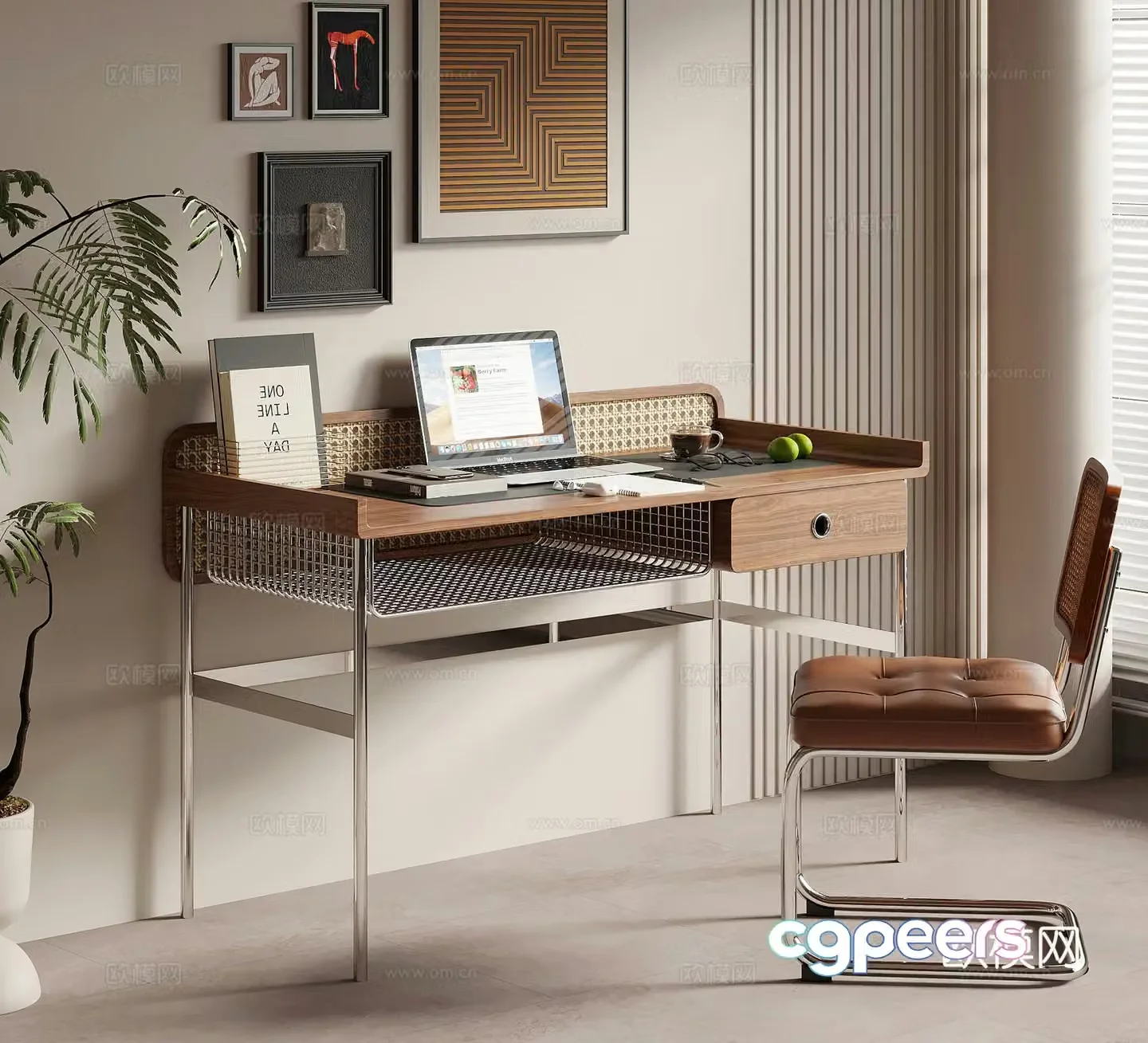Middle style writing desk computer desk desk chair chair 3d model