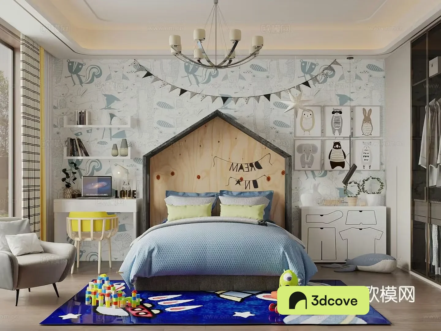 Modern simple children’s room boy’s room blue children’s room children’s bed bedside background wall