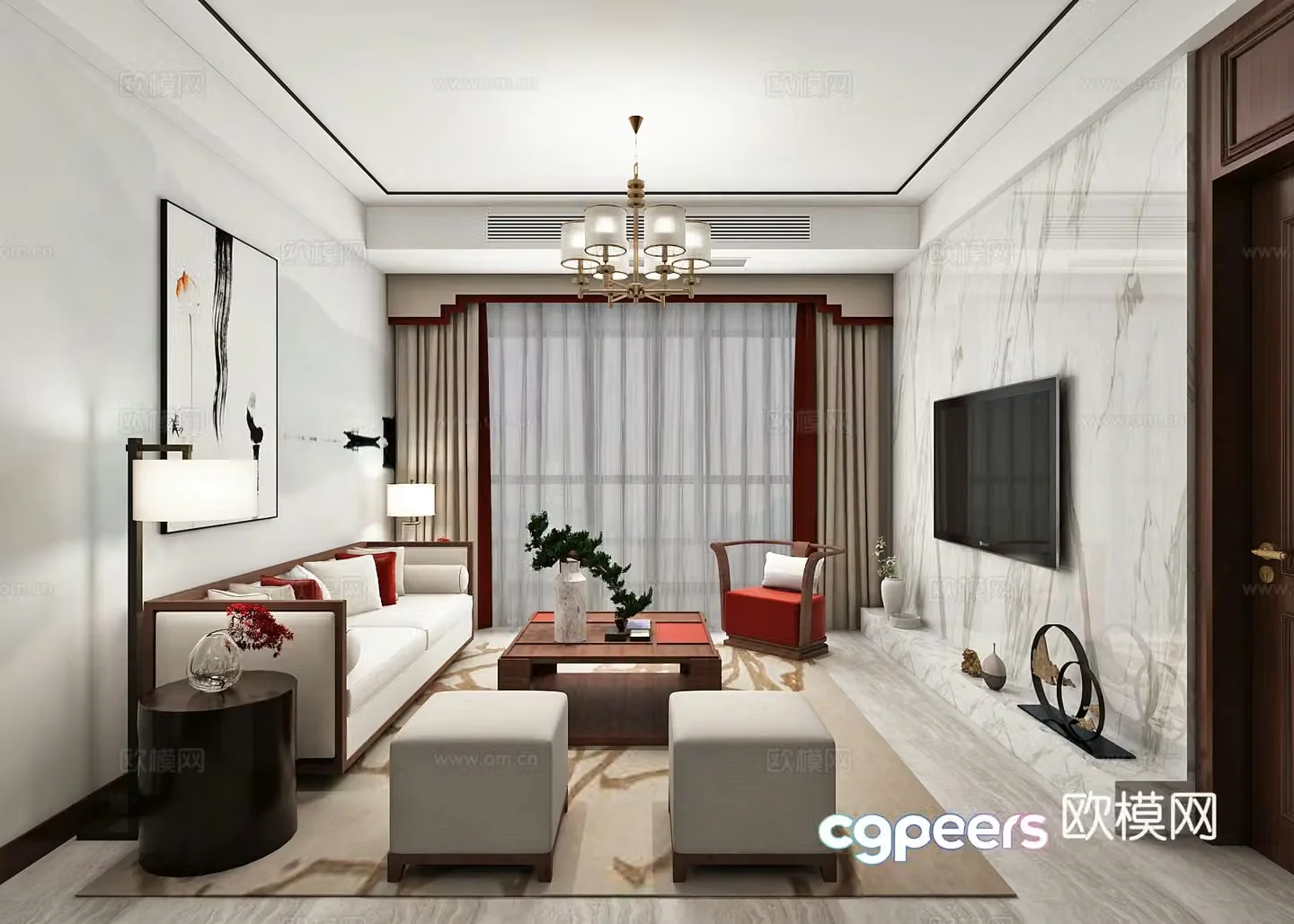 New Chinese style living room and dining room sofa coffee table chandeliers TV cabinet hanging painting side cabinet 3d model