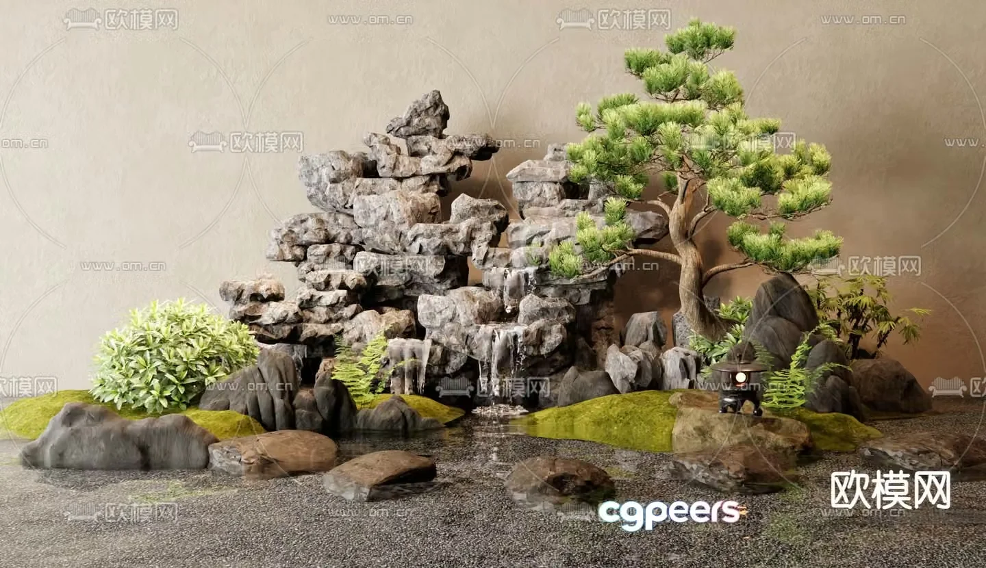 New Chinese style rockery waterscape courtyard landscape sketch 3D model