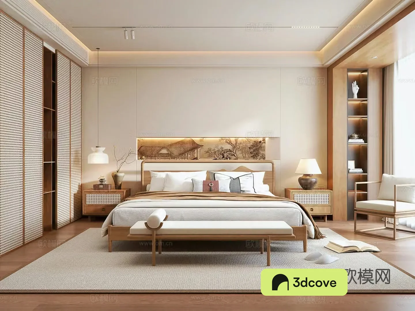 New Chinese style home bedroom owner-light bedroom log double bed rattan wardrobe bedside table rest