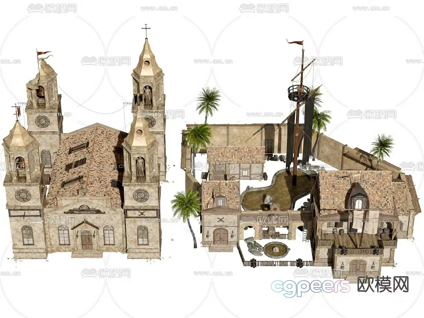 European church ancient building tower 3d model