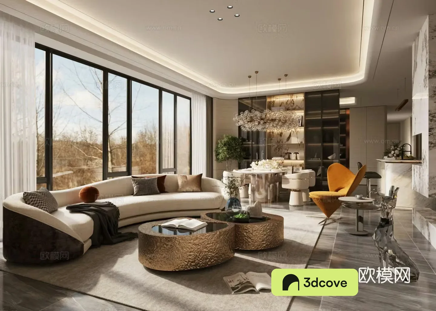 Modern living and dining room large flat floor living and dining room sofa and coffee table combination light luxury Italian living and dining room