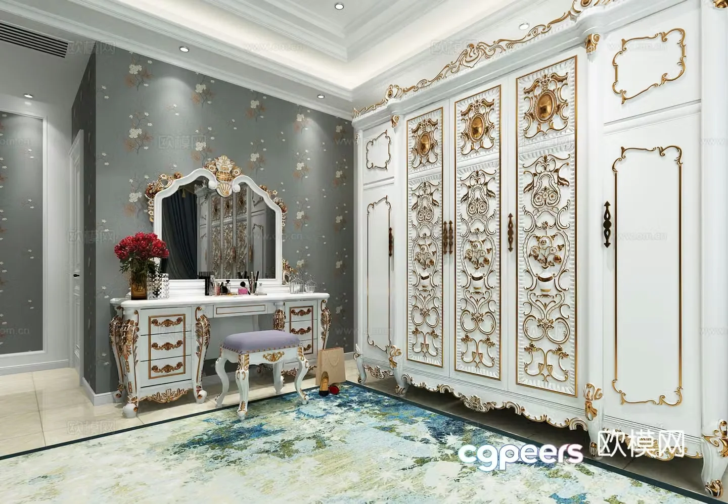 European style simple cloakroom wardrobe dressing table 3d model